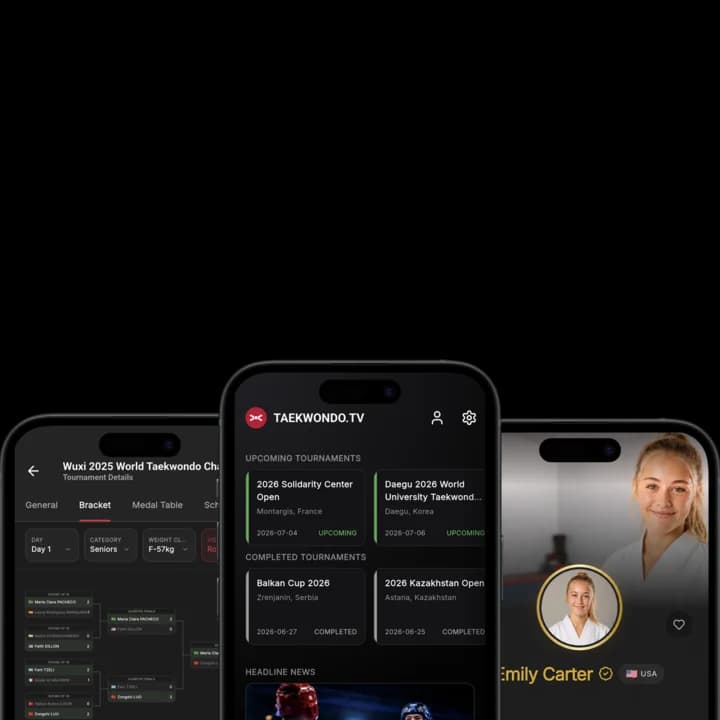 Three phones showing the TAEKWONDO.TV mobile app